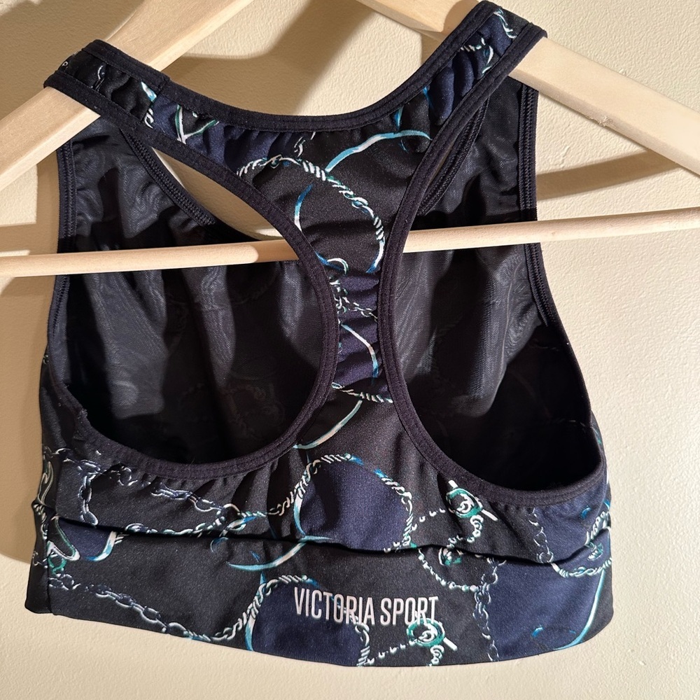 Victoria's Secret SMALL Black Sports Bra with Teal Chain Print